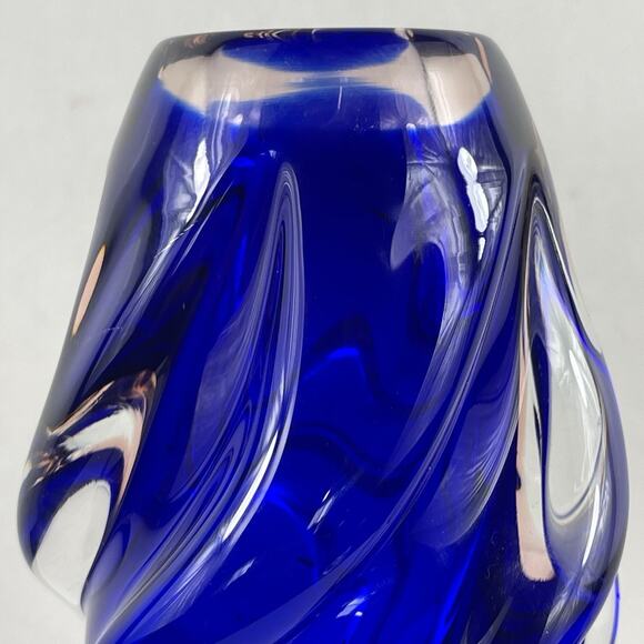 Vintage Hand Blown Studio Art Glass Twisted Vase Clear To Cobalt Blue & Rose 7” - Picture 5 of 8